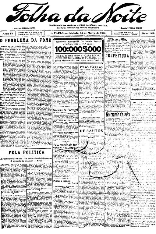 Primeira Página da Folha da Noite de 15 de janeiro de 1924