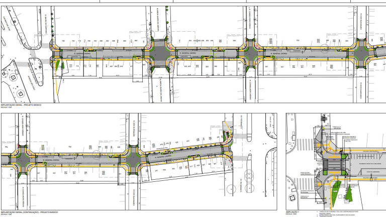 Desenho mostra vista aérea de rua com quatro quarteirões, com destaque em cores para asfalto e calçadas