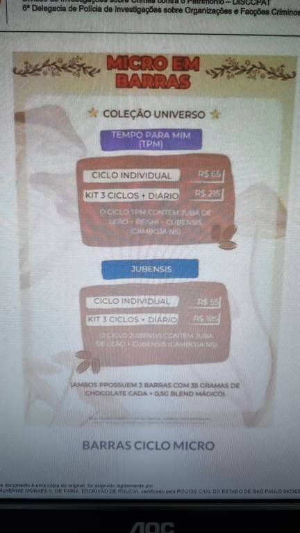 Página do site da fábrica de chocolates oferece o produto micro em barras, indicando 'ciclo individual' ou 'kit 3 ciclos + diário', destacando os componentes: juba de leão, reishi e Camboja NS