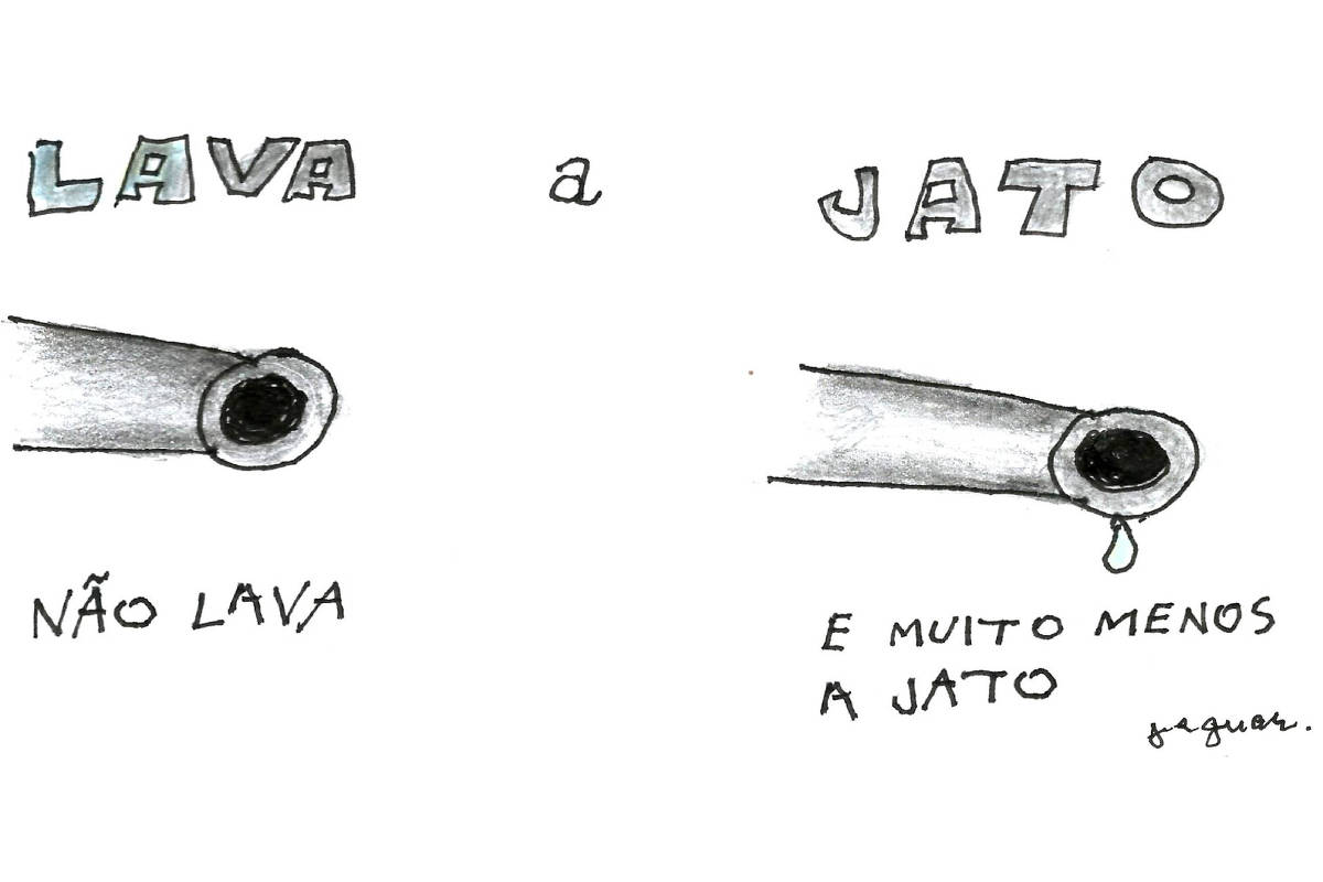 Charge de Jaguar publicada na Folha de S.Paulo em 9 de fevereiro de 2024 mostra a ponta de dois canos d'água. Sob o título LAVA A JATO, o primeiro está seco, com a legenda "não lava". O segundo cano mostra uma gota caindo da ponta e a legenda diz: "e muito menos a jato".