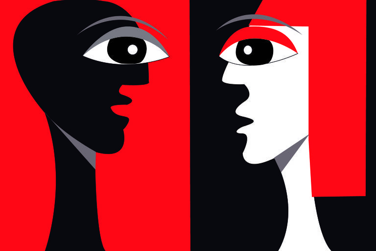 Ilustração de Claudia Liz mostra homem e mulher dialogam um de frente para o outro. O homem está na cor preta sobre fundo vermelho e a mulher, na cor branca sobre fundo preto com cabelo vermelho.
