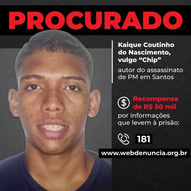 Cartaz divulgado pela Secretaria da Segurança Pública com o retrato de Kaique Coutinho