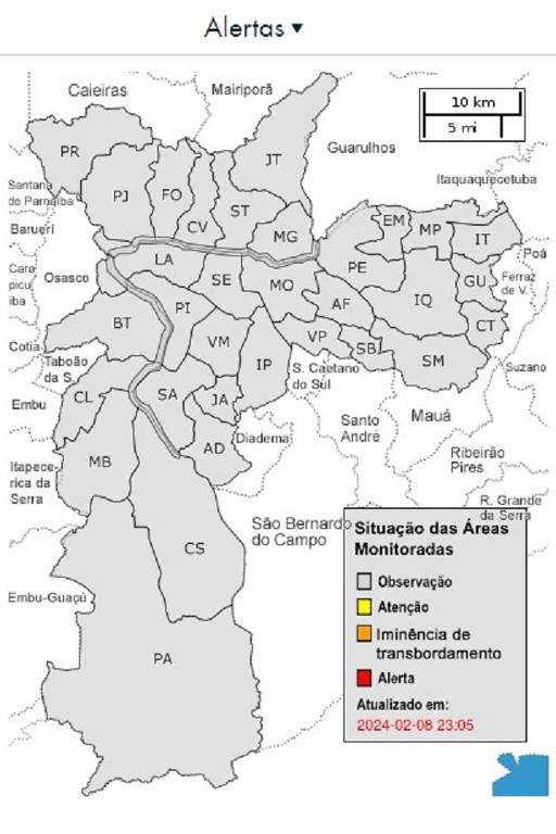 Mapa do município de São Paulo com a divisão de bairros e um quadro com os níveis de alerta de alagamentos do CGE