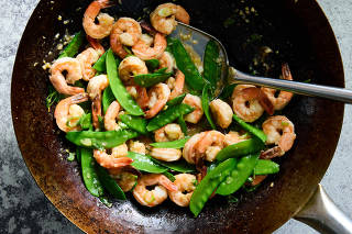 Stir Fried Shrimp with Snow Peas and Ginger. (Ryan Liebe/The New York Times)