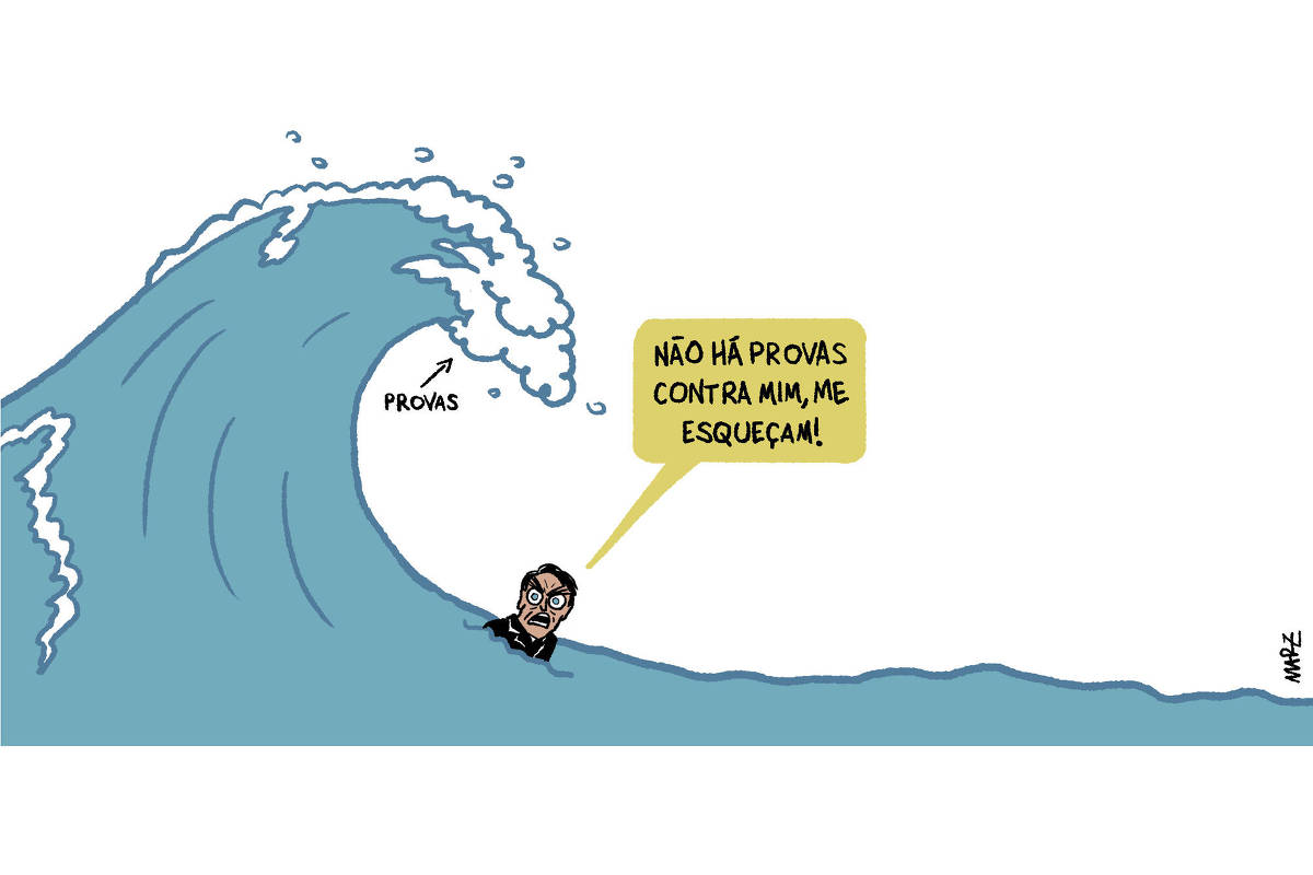Charge de Marília Marz mostra o ex-presidente Jair Bolsonaro no mar, prestes a ser engolido por uma grande onda. Ele diz: "Não há provas contra mim, me esqueçam!". Uma seta, escrito "provas", aponta para a onda.