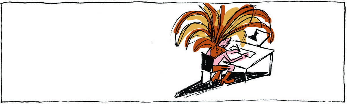 A tirinha BICUDINHO, publicada em 12/02/2024, com 1 quadrinho, traz um cartunista todo fantasiado para o carnaval, desenhando uma tira em sua prancheta.