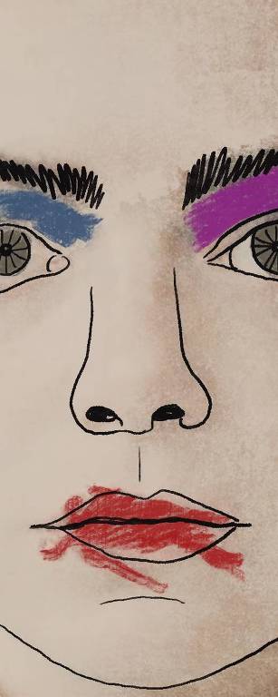 desenho do cartaz do filme poor things com detalhe do rosto da atriz emma stone com maquiagem borrada.