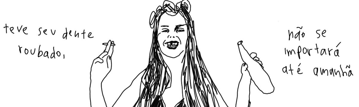 A tirinha em preto e branco de Estela May, publicada em 13/02/24, traz uma mulher fumando e bebendo no carnaval. Ela sorri e está banguela. Ao lado da imagem, “teve seu dente roubado, não se importará até amanhã”