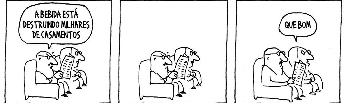 A tira de André Dahmer, publicada em 14.02.2024, tem três quadros. No primeiro, um casal está sentado em um sofá. O homem, que está lendo um jornal, diz: "A bebida está destruindo milhares de casamentos". No segundo quadro, ambos estão em silêncio. No terceiro quadrinho, a mulher diz: "Que bom".