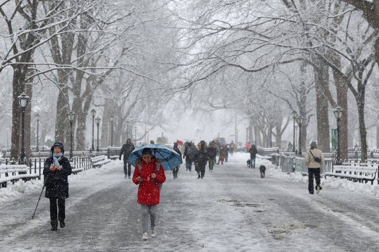 Pessoas caminham durante tempestade de neve no Central Park, em Nova York