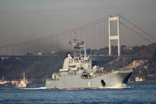FILE PHOTO: The Russian Navy's large landing ship Caesar Kunikov sets sail in Istanbul's Bosphorus