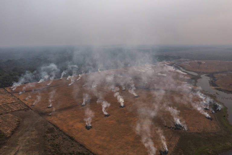Montes de árvores são queimados em área desmatada, às margens da rodovia Transamazônica (BR-230) no trecho entre Lábrea e Humaitá, no sul do Amazonas