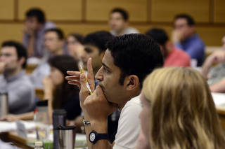 Students participate in a class as part of the one-year MBA program at Cornell University.