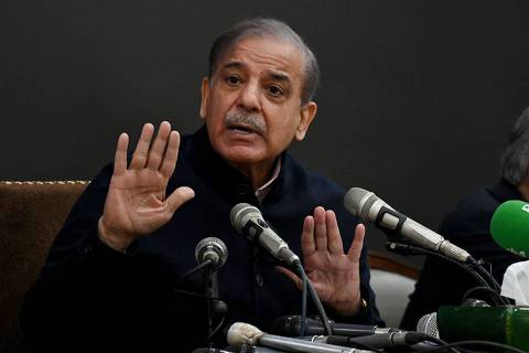 Pakistan's former Prime Minister and leader of the Pakistan Muslim League-Nawaz (PML-N) party Shehbaz Sharif speaks during a press conference in Lahore on February 13, 2024. (Photo by Arif ALI / AFP)