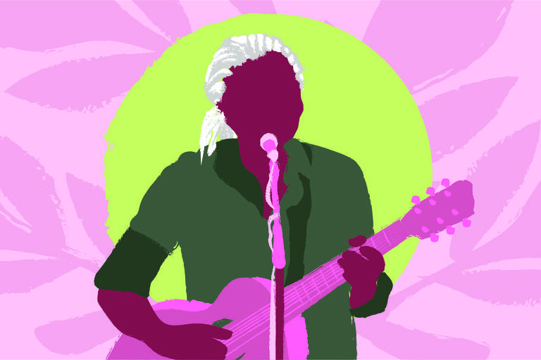 A ilustração tem o fundo rosa e a imagem de Tracy Chapman tocando violão e cantando.
