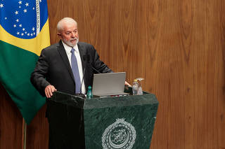 Brazil's President Luiz Inacio Lula da Silva gives a speech during his visit to the Arab League headquarters, in Cairo