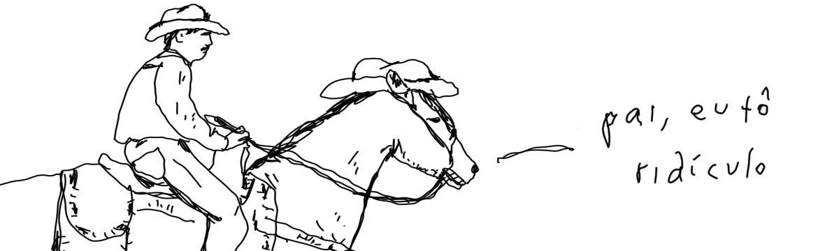 A tirinha em preto e branco de Estela May, publicada em 16/02/24, traz um homem em cima de um cavalo, ambos usando chapéus. O cavalo diz “pai, eu tô ridículo”