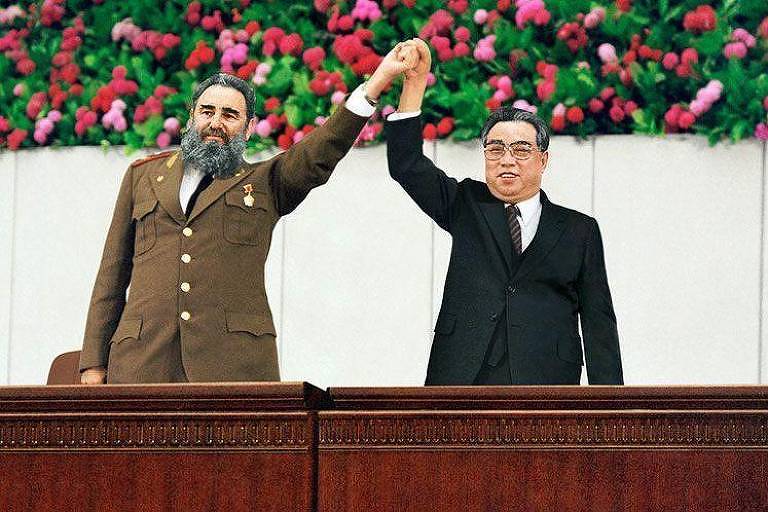 Fidel Castro e Kim Il-sung, fundador da Coreia do Norte, em 1986