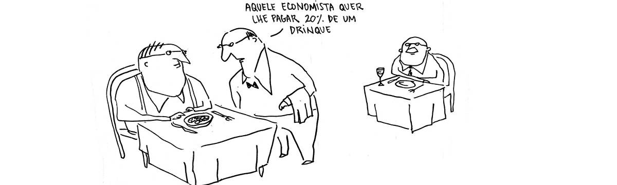 A tira de André Dahmer, publicada em 17.02.2024, tem apenas um quadro. Em um restaurante, um garçom cochicha com um cliente. Eles são observados por um homem sorridente, que está em outra mesa, mais ao fundo. O garçom diz: "Aquele economista quer lhe pagar 20% de um drinque".