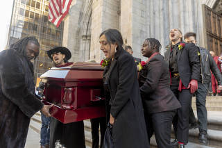 Mourners carry the coffin of Cecilia Gentili, a self-professed atheist, after her funeral in St. Patrick?s Cathedral, New York, on Thursday, Feb. 15, 2024. (Sarah Blesener/The New York Times)
