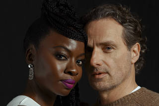 Andrew Lincoln and Danai Gurira, who reprise their roles from ÒThe Walking DeadÓ for a new six-part spinoff mini-series ÒThe Ones Who Live,Ó in Los Angeles on Jan. 22, 2024. (Ryan Pfluger/The New York Times)