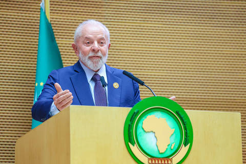 TOPSHOT - This handout picture released by the Brazilian Presidency shows Brazil's President Luiz Inacio Lula da Silva speaking during the opening ceremony of the 37th Ordinary Session of the Assembly of the African Union (AU) at the AU headquarters in Addis Ababa on February 17, 2024. (Photo by Ricardo STUCKERT / Brazilian Presidency / AFP) / RESTRICTED TO EDITORIAL USE - MANDATORY CREDIT 