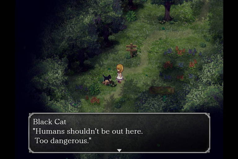 Imagem de jogo pixelado mostra menina loira conversando com gato preto, que diz, em inglês: "humanos não deveriam estar aqui. É muito perigoso".