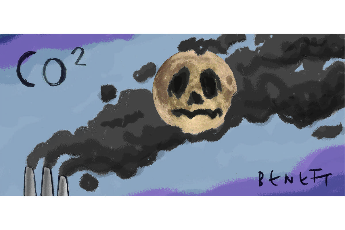 A charge de hoje da Folha publicada em todas as suas plataformas é de Benett (@cartunistabenett) e tem o título de CO2. Ela mostra três chaminés industriais expelindo muita poluição. O céu é de um azul celeste mas com várias tonalidades mais escuras e até púrpura, dando a ideia de que é começo de noite. Há uma lua cheia no céu, amarela, bem redonda. No entanto, as nuvens de fumaça desenham na lua o aspecto de uma caveira.