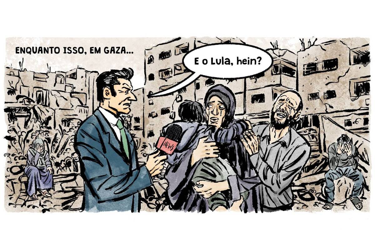 Um repórter de terno e gravata entrevista pessoas fugindo na faixa de gaza, em meio a destruição da guerra e o desespero delas, ele pergunta: "E o lula, hein?"