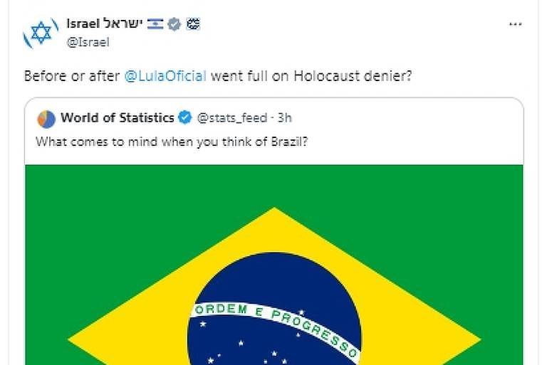 Diplomacia de Israel chama Lula de negacionista do Holocausto em rede social