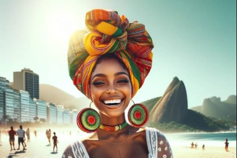 Representação de mulher brasileira criada pelo Dall-E 3. Mulher usa turbante colorido, vestido branco de renda, acessórios com conta. Ela setá no calçadão do Leblon, perto do Pão de Açúcar