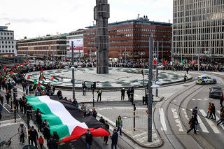 People demonstrate to demand ceasefire and exclude Israel from the Eurovision Song Contest, in Stockholm