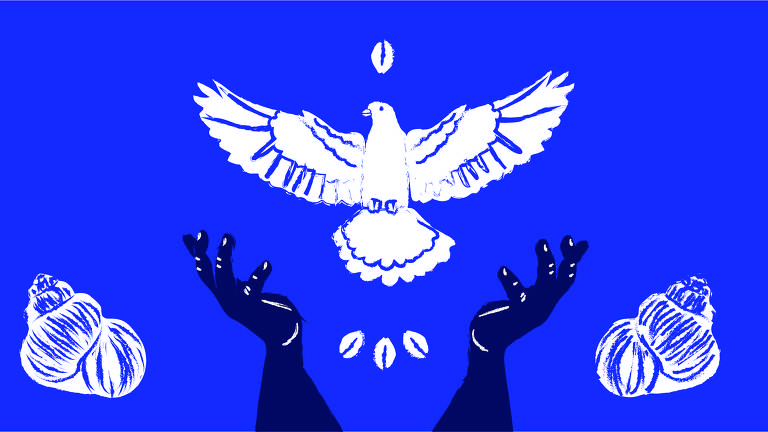 A ilustração tem o fundo azul e a imagem de uma pomba branca com asas abertas ao centro e duas mãos abertas posicionadas abaixo da mesma.