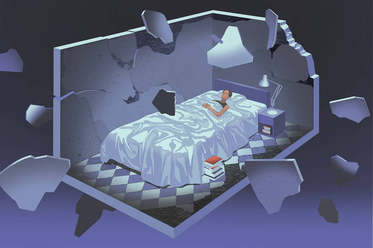 Ilustração em tons de azul mostra uma pessoa deitada na cama