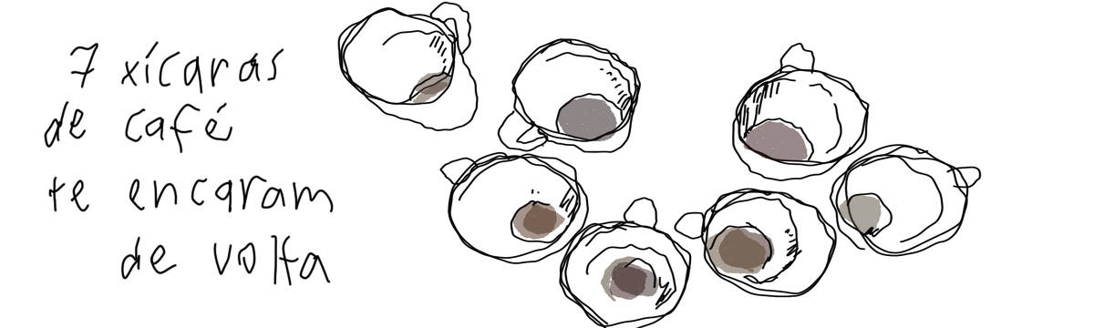 A tirinha em preto e branco de Estela May, publicada em 23/02/24, traz um desenho de sete xícaras de café quase terminadas. À esquerda da imagem, “7 xícaras de café te encaram de volta”.