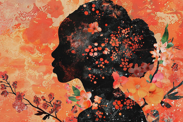Ilustração mostra uma mulher de perfil com flores em torno