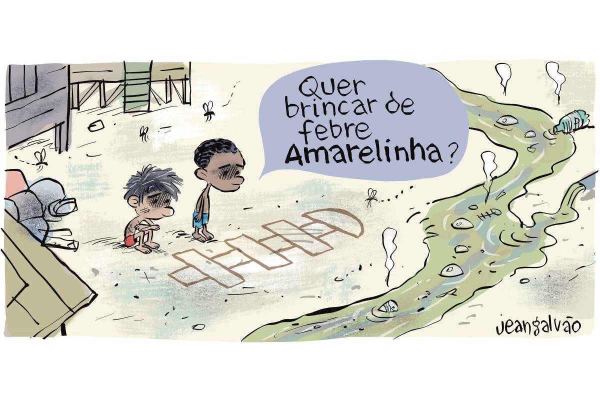 A charge de Jean Galvão publicada na Folha mostra dois meninos em uma favela próximos a um esgoto a céu aberto. Um deles pergunta: Quer brincar de febre Amarelinha?