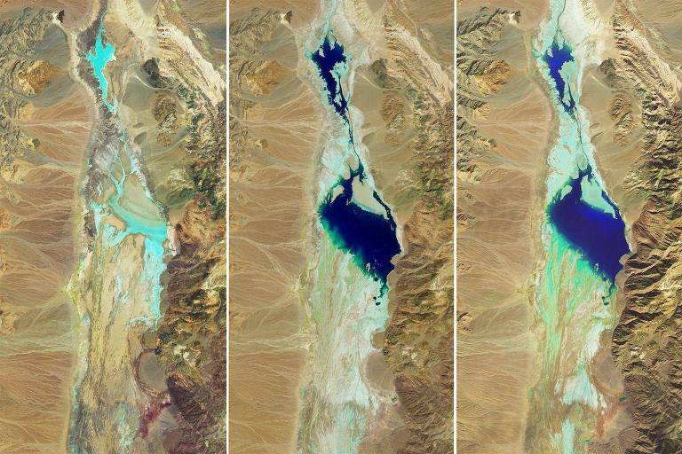 Imagens de satélite de datas diferentes mostram lago surgindo em área seca