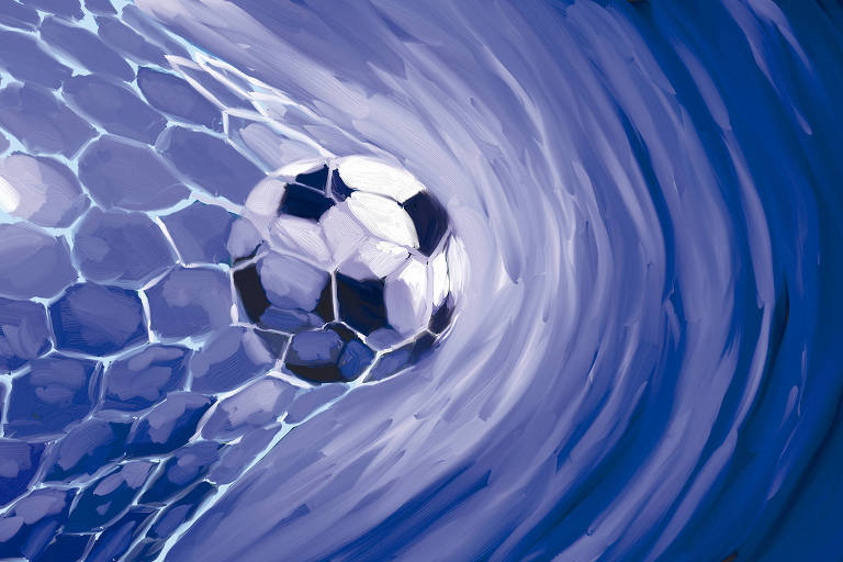 A ilustração de Adams Carvalho, publicada na Folha de São Paulo no dia 25 de Fevereiro de 2024, mostra o desenho de uma bola de futebol esticando a parte interna da rede de um gol.