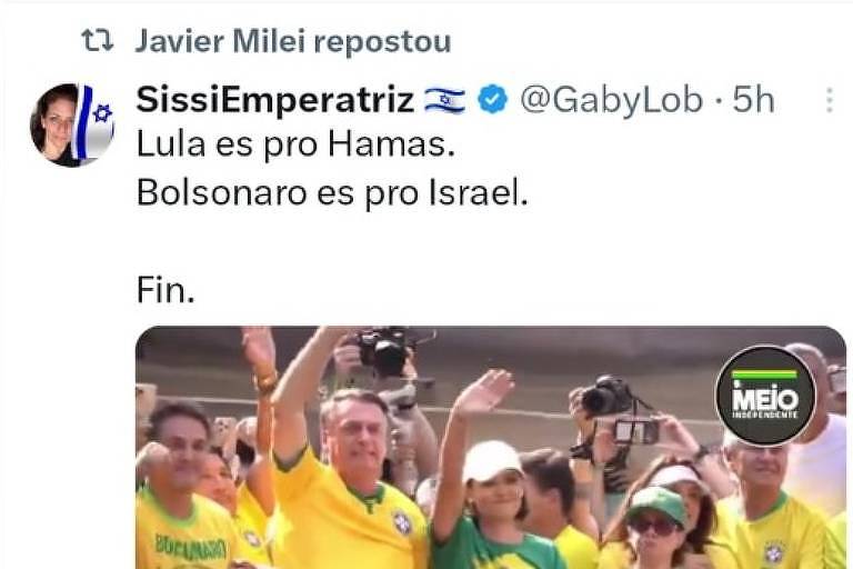 Milei compartilha mensagens que associam Lula ao Hamas e exaltam ato de Bolsonaro