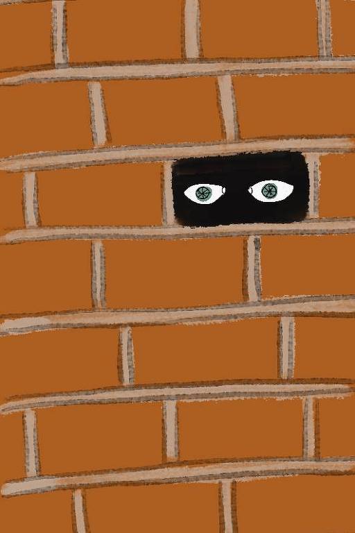 Desenho de um muro com um tijolo a menos e olhos espreitando no buraco