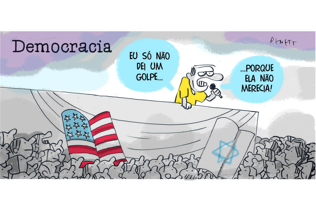 Charge de Benett, publicada em 27 de fevereiro de 2024, tem como título “Democracia” e mostra o ex-presidente Jair Bolsonaro em cima de palanque, com microfone na mão, dizendo a seus manifestantes “Eu só não dei um golpe porque ela não merecia”