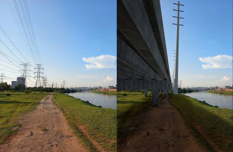 Montagem compara foto da área na margem oeste do rio Pinheiros (esquerda), com perspectiva ilustrada de como poderá ficar quando implantada a obra de prolongamento da marginal Pinheiros