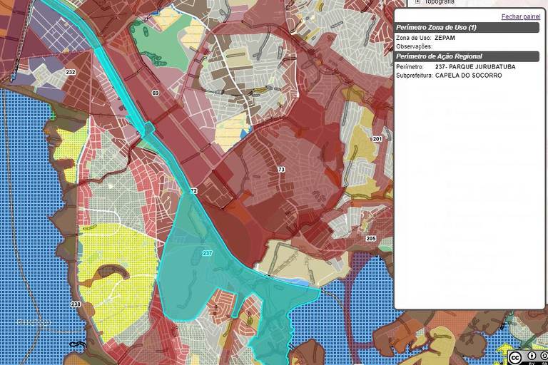 Mapa da base de dados Geosampa mostra a Zepam (verde claro) nas margens do rio Pinheiros