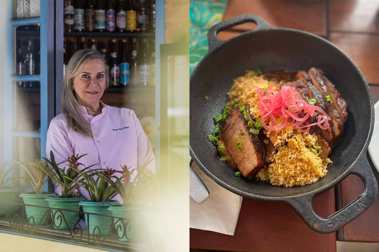 Na foto,a chef Mônica Rangel posa em uma janela azul com plantas. Ao lado, uma foto de uma panela de ferro com fatias de carne e farofa
