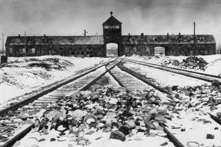 An undated archive photograph shows Auschwitz II-Birkenau main guard house which prisoners called 