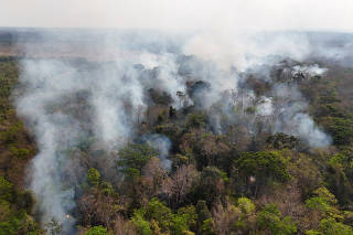 A drone view of smoke from burning vegetation rises in a rainforest at the municipality of Bonfim