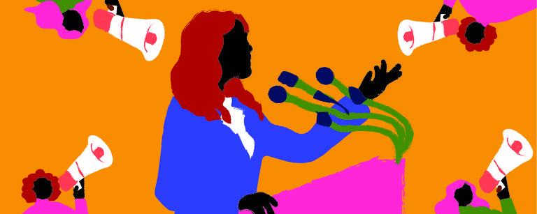 A ilustração apresenta a figura de uma mulher ao centro, falando em um púlpito com microfones à sua frente, ao seu redor estão outras figuras femininas, segurando megafones nas mãos