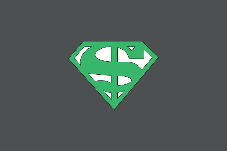 Uma ilustração colorida, verde e branco com fundo preto, do escudo do Super-Homem, no lugar da S há um cifrão