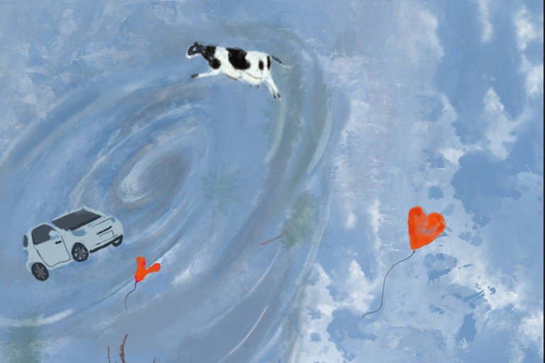 ilustração mostra furacão levando um carro, uma árvore, uma vaca, uma casa e vários corações